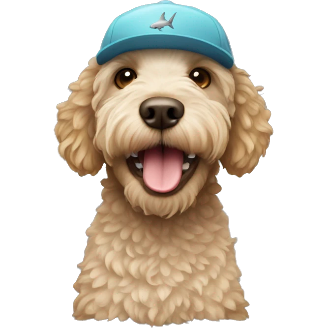 Labradoodle with a shark hat emoji