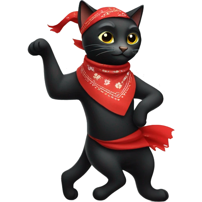 dancing black cat wearing a red bandana collar emoji