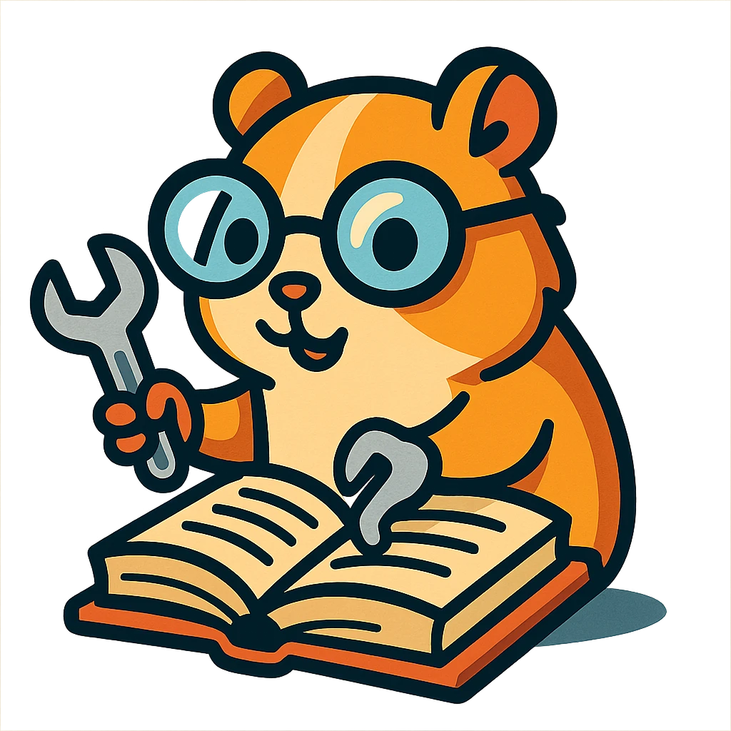 studious guinea pig with glasses, holding a wrench and fixing a book, vibrant toon style emoji