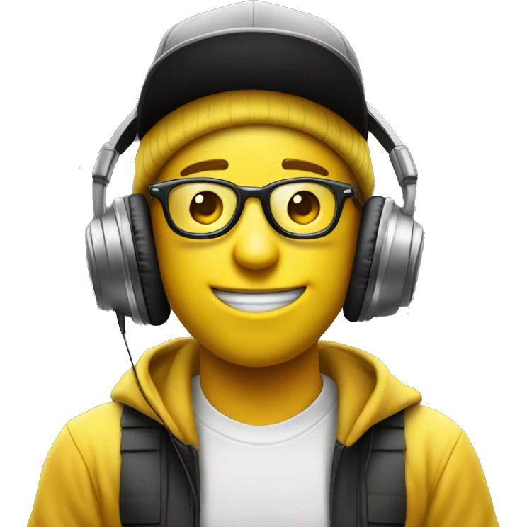 make a yellow circled classic emoji face with a snapback hat and headphones on listening to edm and make sure he is really into what he is listening to emoji