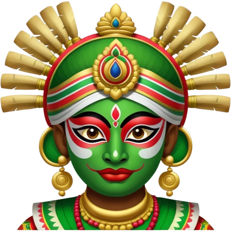 Kathakali dancer with elaborate headgear, green face paint, traditional costume emoji