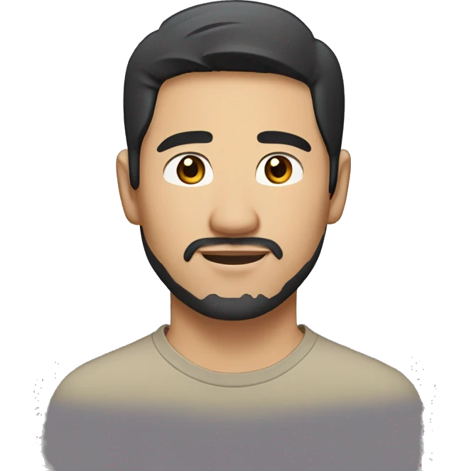 A head and shoulders shot of a 35 year old Asian man, with short black hair, with trimmed beard facial hair,   with brown eyes wearing a t-shirt. emoji