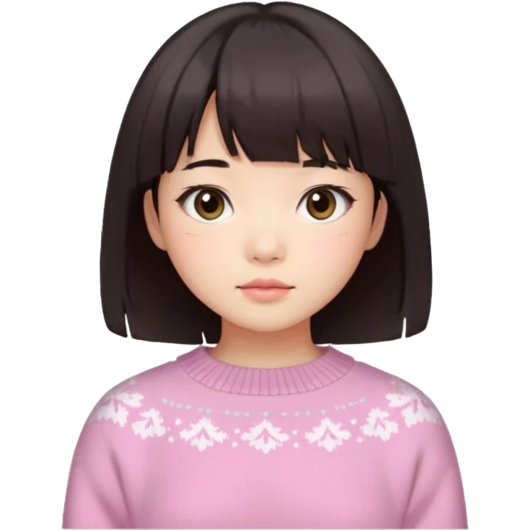 a asian japanese girl with a dark brown bob with curtain bangs, wearing a pastel pink wintery sweater emoji