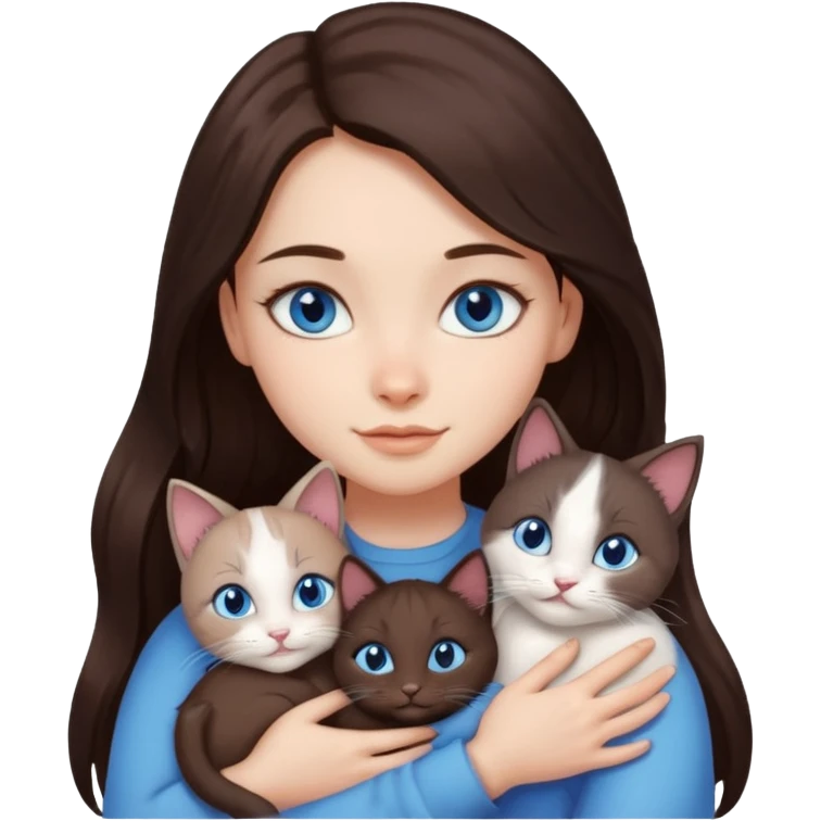 a pretty girl with long dark 
brown hair, with blue eyes, hugs 3 different natural coloured small cats emoji
