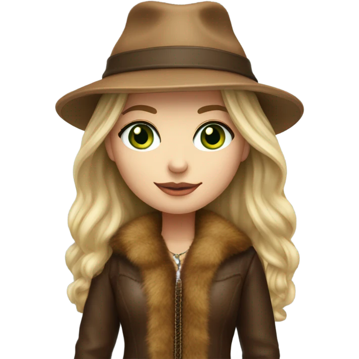 Realistic White girl with Long straight blonde hair, green eyes, tattoos, full body wearing Brown fur coat and fur hat and Brown leather boots emoji