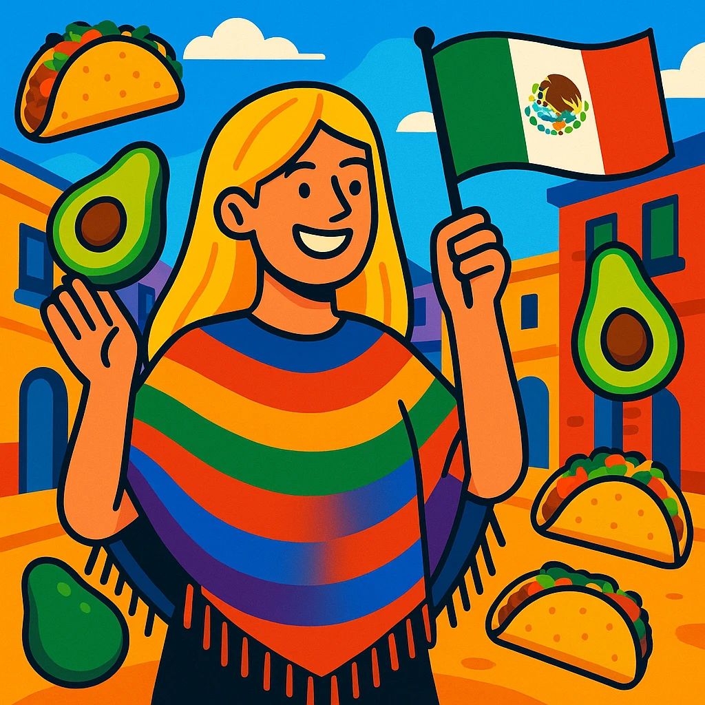 cartoon of a tall blonde woman smiling wearing a colorful poncho holding a taco and an avocado waving a Mexico flag surrounded by tacos and avocados on a lively street background with bright and bold colors emoji