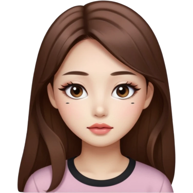 “korean straight long brown hair Emoji girl, soft eyeliner and blush, gradient lips, light brown shimmer eyeshadow emoji