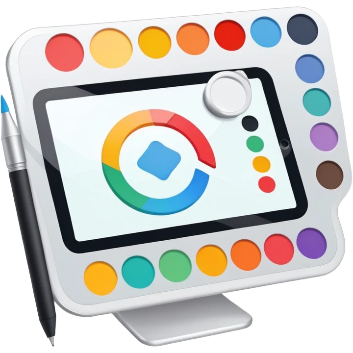 digital screen showing a basic logo being edited, with vector handles and a color palette emoji