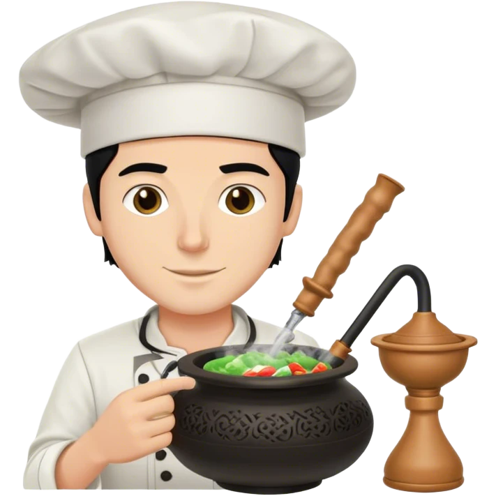 A white guy with black hair packing a hookah bowl with a chef hats  emoji