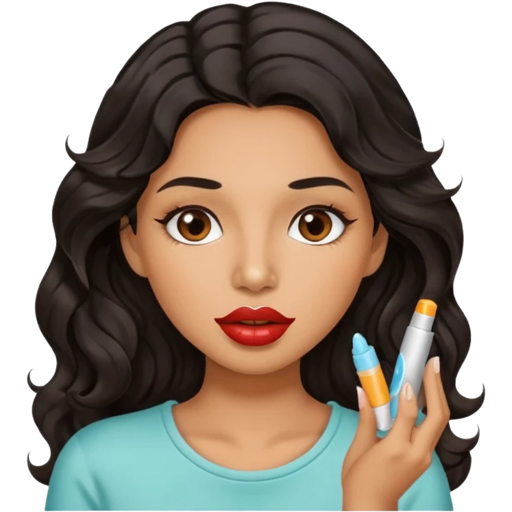 A gorgeous with black wavy hair women applying lipbalm on her brown lips emoji