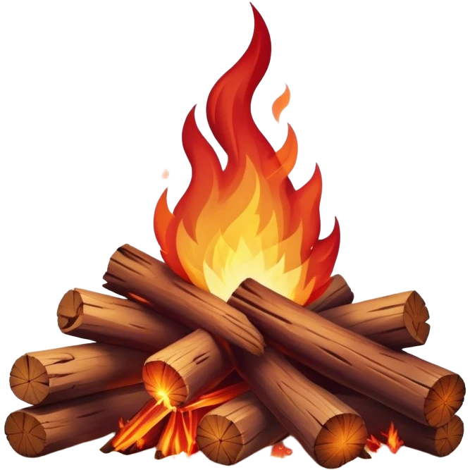 Cinematic Realistic Campfire, a roaring flame crackling atop carefully arranged logs, embers glowing deep red, golden light casting soft flickering shadows, gentle smoke drifting upwards, glowing with warmth and coziness. emoji