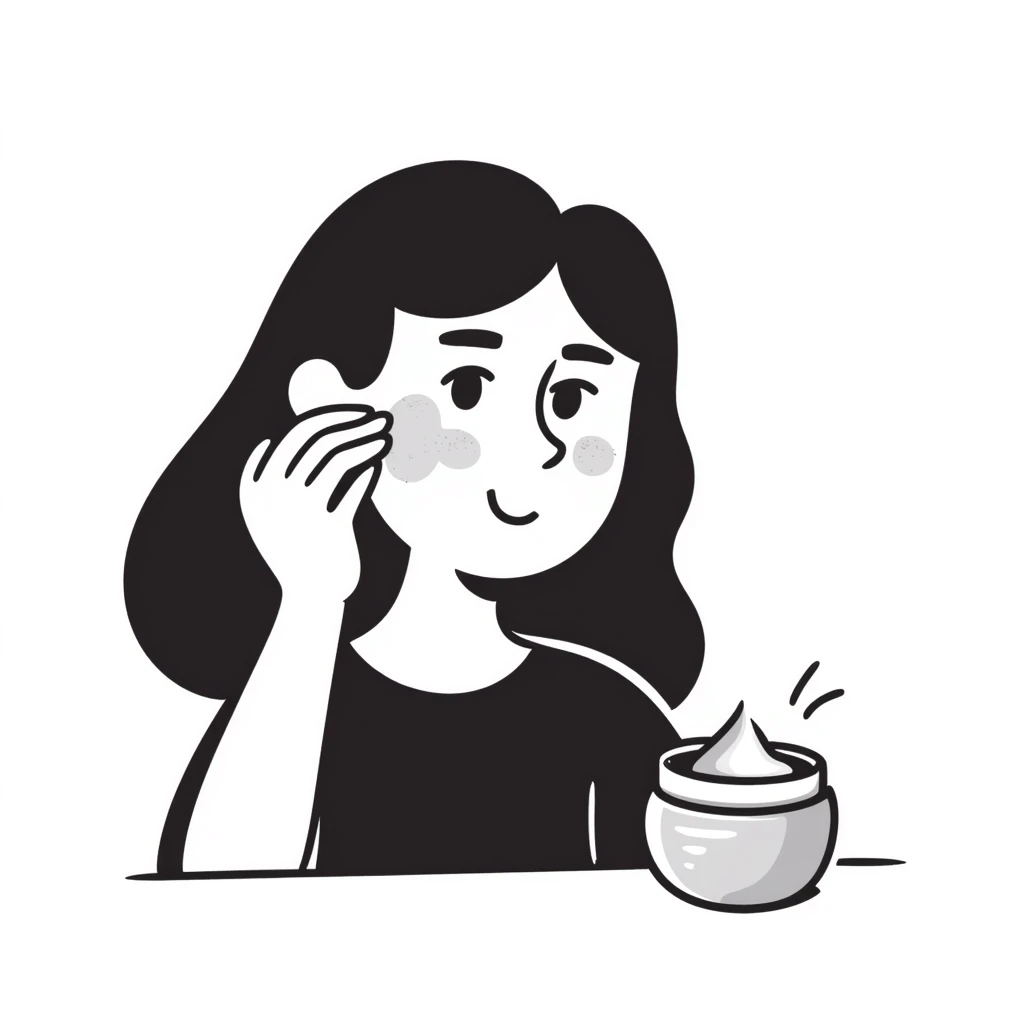 moça aplicando creme facial, linhas desenhadas à mão, visual leve emoji