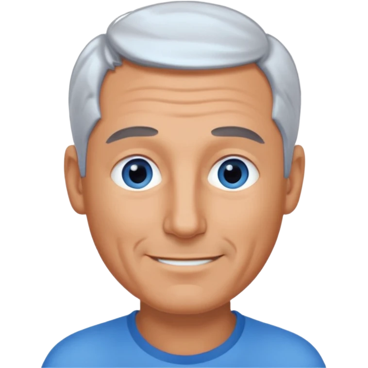 Middle aged man with tanned skin, receding dark grey hair and no beard, blue eyes, shy smile emoji