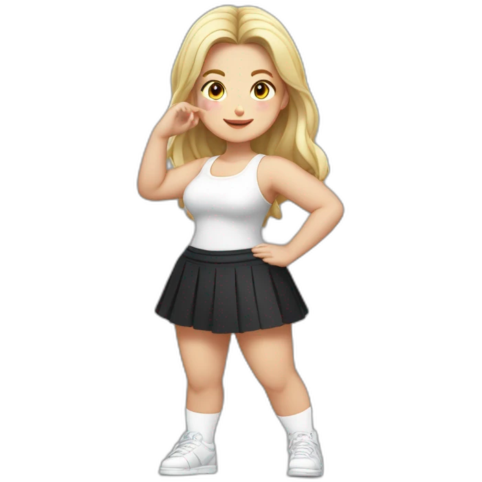 Front view full body curvy caucasian beauty squats straight hands up black skirt white knickers white socks emoji