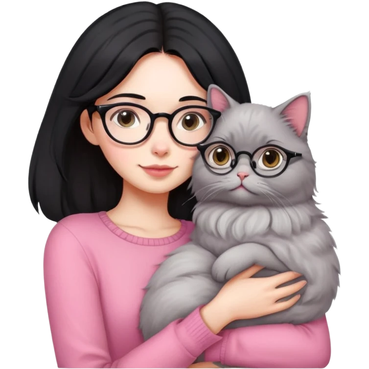 Beautiful skinny woman medium black hair with oval glasses in pink outfit hug persian-angora grey cat emoji