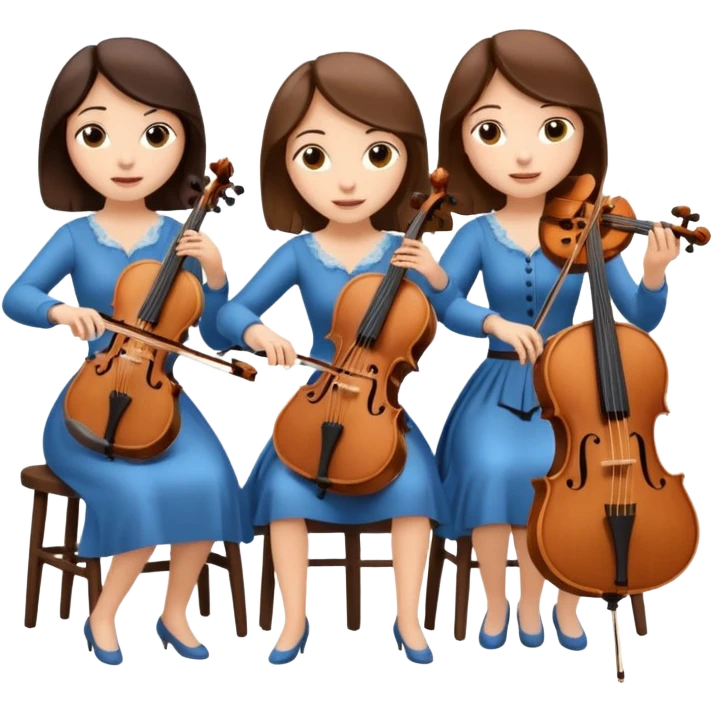 Create an imagine of three brunette women playing string instruments, the first is playing a cello, the second is playing a viola and the third is playing the violin emoji