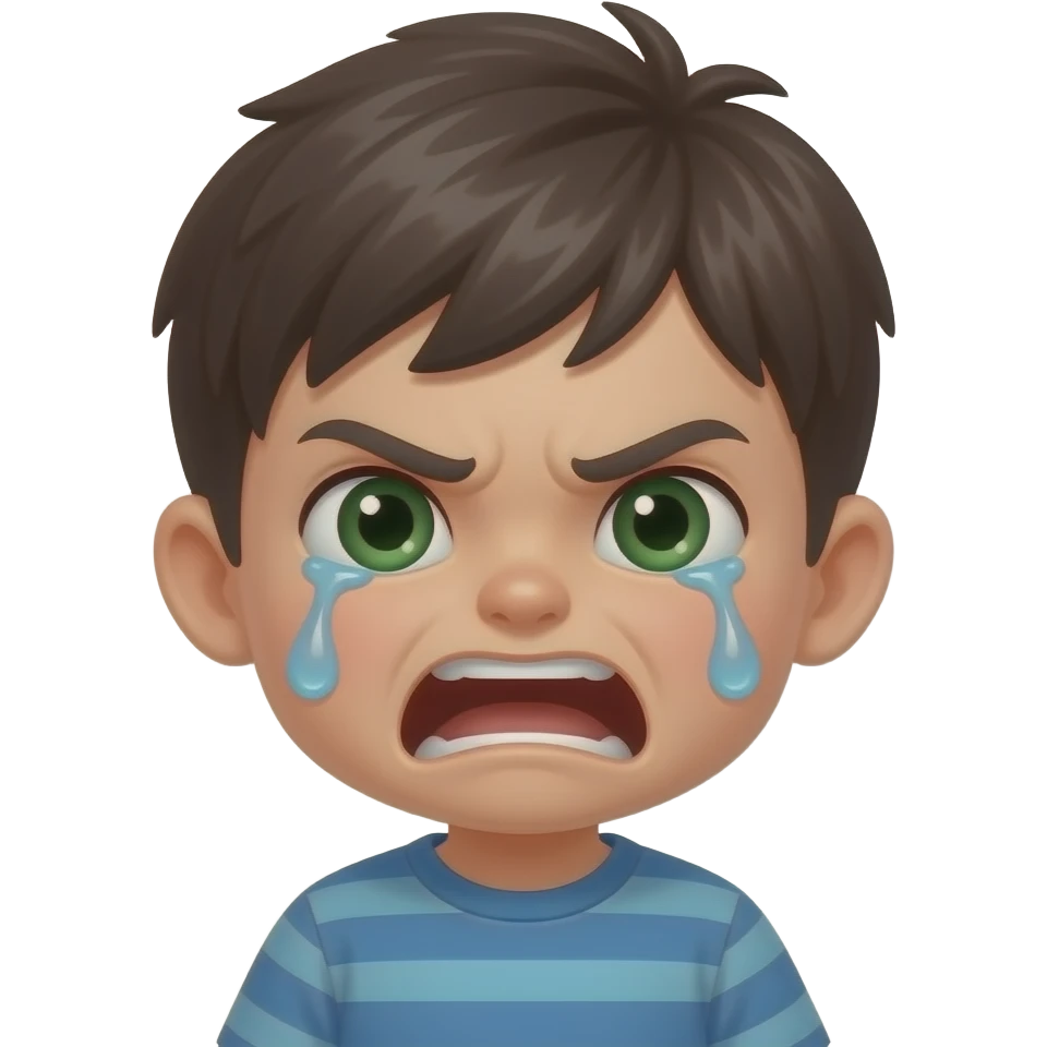 Little slim dark haïr boy with dark green eyes breaking home with very angry face, crying emoji