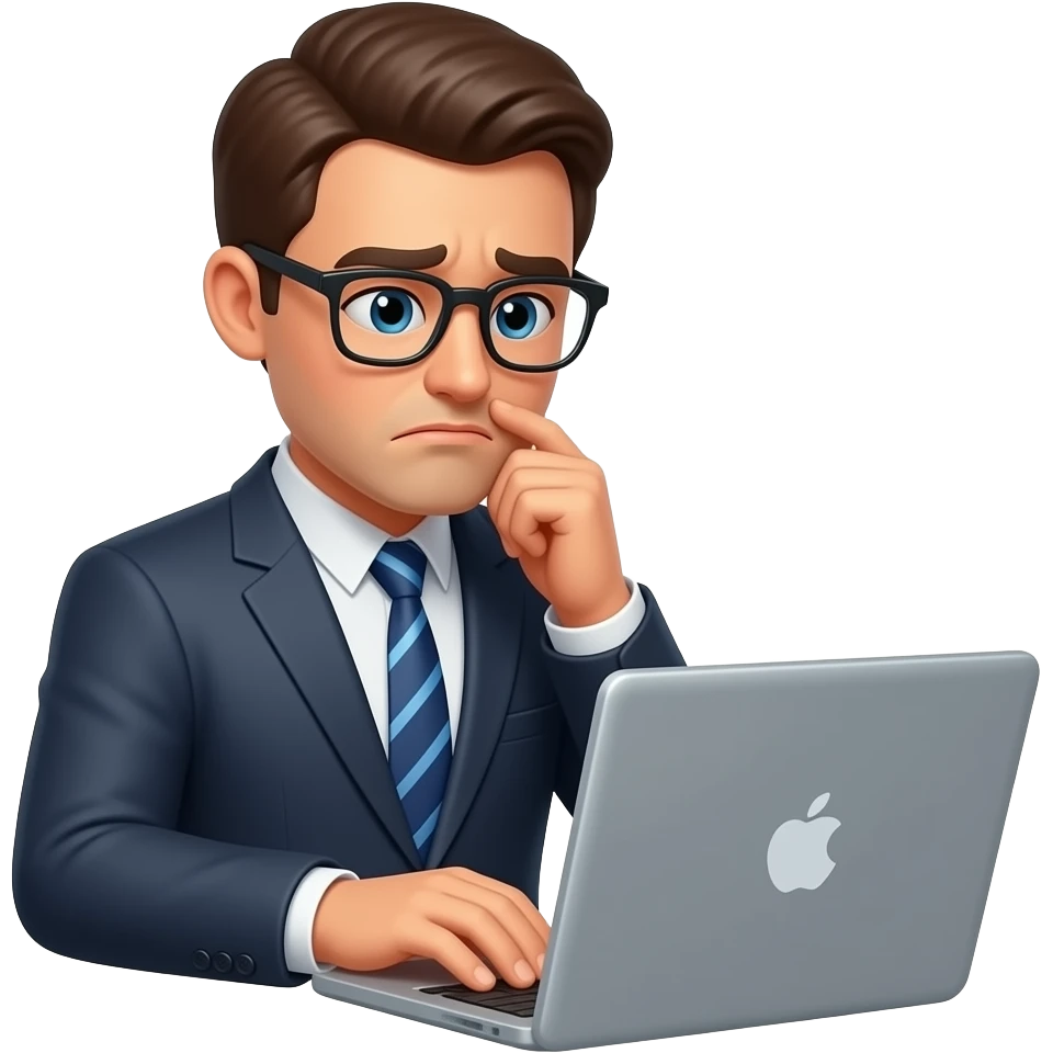 Man working at laptop having bottleneck, wearing formal, wearing glass and unhappy on waiting long emoji