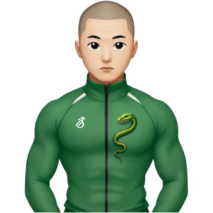 Jang Deok-su , Age: Late 30s
Appearance: A large, muscular man with a buzz cut and a tattoo of a snake on his neck.
Outfit: Green player tracksuit emoji