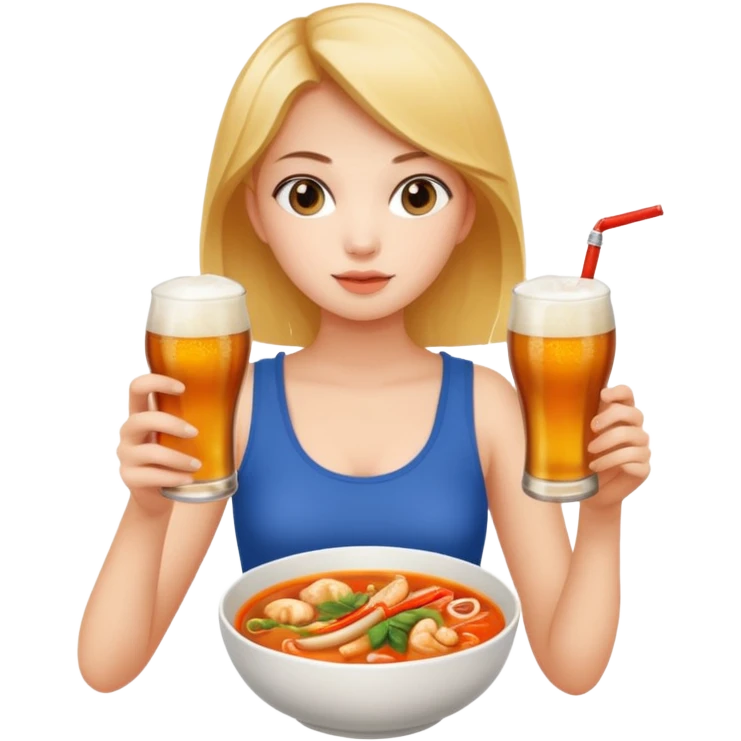 a young woman full length wathing series with a bottle of beer and tom yum  emoji