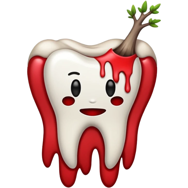 Minimalist emoji-style sticker of a pulled tooth with roots and a smear of blood at the base. Black and desaturated red colors. Flat, clean outline on white.
 emoji