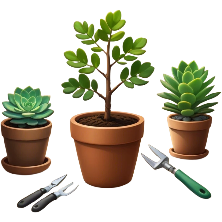 Close-up of a potted sapling in rich soil surrounded by vibrant plants and succulents. Bright sunlight filters through the window, casting soft shadows. Nearby gardening tools rest on a wooden table. Cozy indoor atmosphere with greenery and flowers. emoji