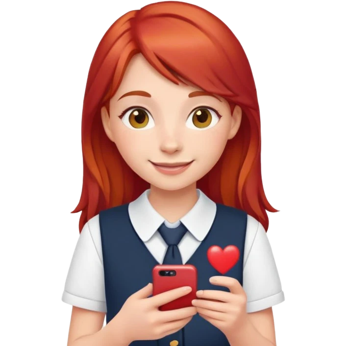 smiling girl in school uniform with red hair phone and like hearts emoji