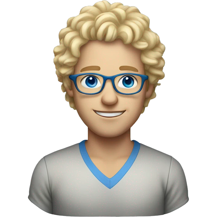 Male with white skin, blue eyes, curly blond hair and with eye glasses  emoji