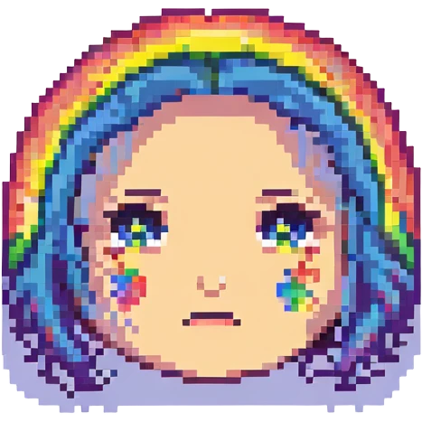 funny anxious face with rainbow elements, pixel art style emoji