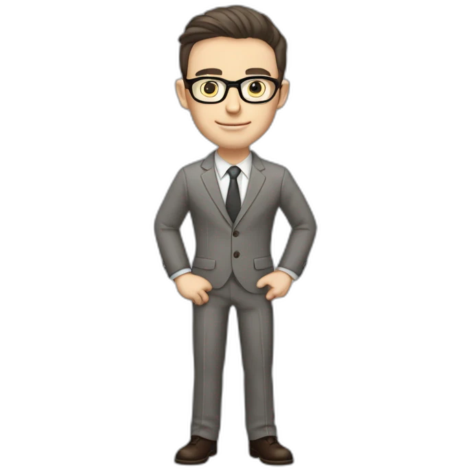 Full height Pale skinned Fit Man With dark brown hair in classic gray suit, beige office shirt, dark gray tie, and vintage glasses. Thrumbs of his palms directed up emoji