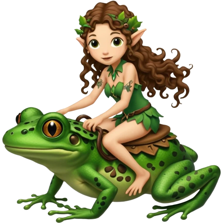 tiny forest elf long curly brown hair tattoos riding frog emoji