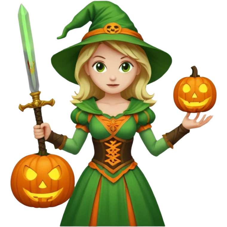 Woman Hunter With Jack o Lantern, wearing green costume, with sword emoji