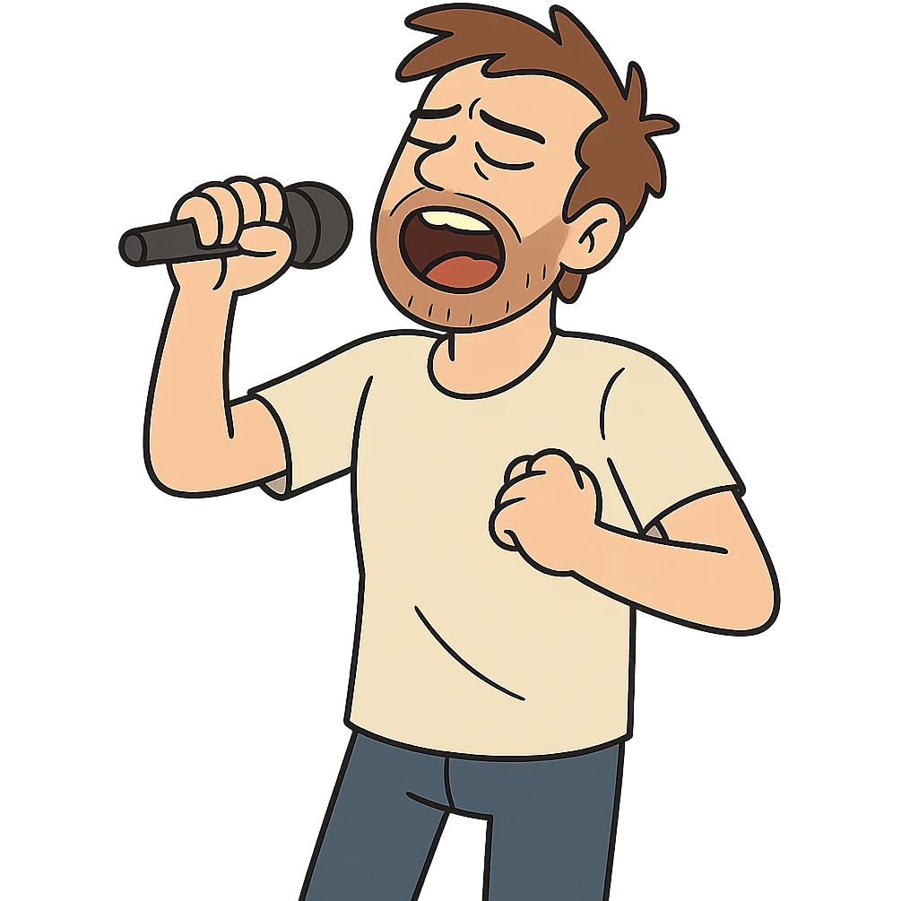 flat toon style man aged about 30 singing emoji