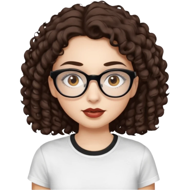 I want to describe me. I am a girl with brown hair amd curly hair. I have brown eyes and black glasses and long lashes with mascara. My lips are medium and my nose as well. I wear a white T-shirt. I am white skin with long curly hair emoji