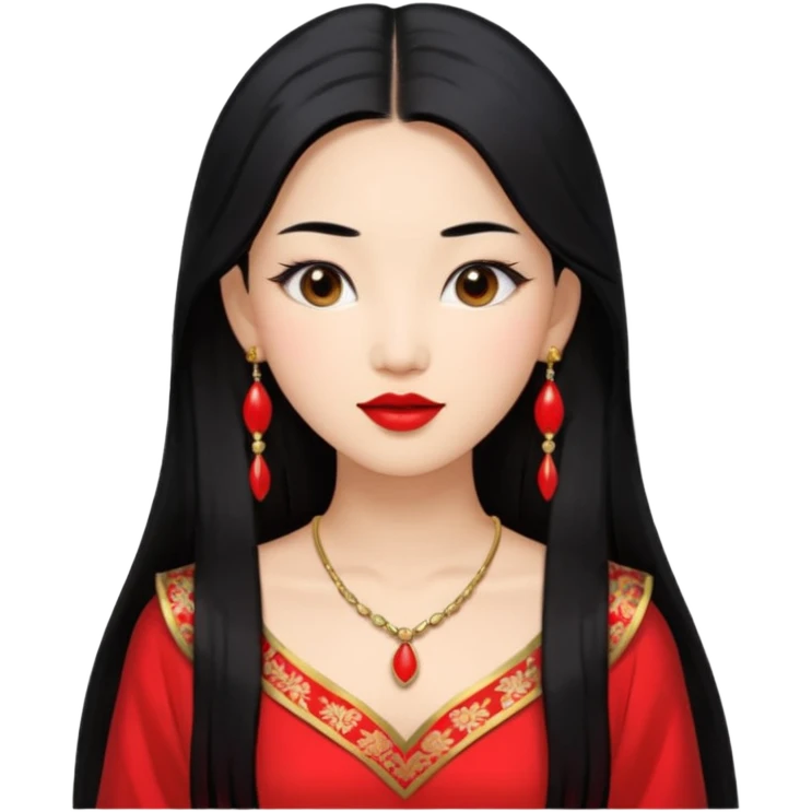 30 yr old asian woman, center part straight long black hair, very pretty, fancy dress, earings, red lipstick emoji