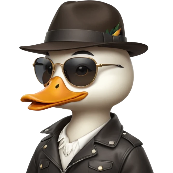 Cute white anthropomorphic duck gangster in black fedora hat, large sunglasses, orange beak, leather jacket. Glossy 3D cartoon emoji style, vibrant, detailed feathers/textures, side profile pose, transparent PNG background, ultra-detailed 8k, no text.
 emoji