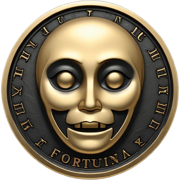 Emoji style, luxury gothic coin made of blackened metal, “FORTUNA” engraved in refined fashion typography, heavy sculptural form, subtle worn metal texture, avant-garde editorial aesthetic, no glow, no neon, flat emoji design, centered, transparent background emoji