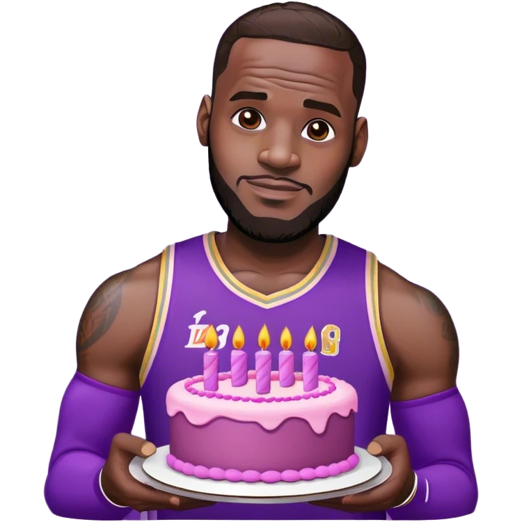 Lebron James wearing his purple jersey holding a pink pretty birthday cake emoji