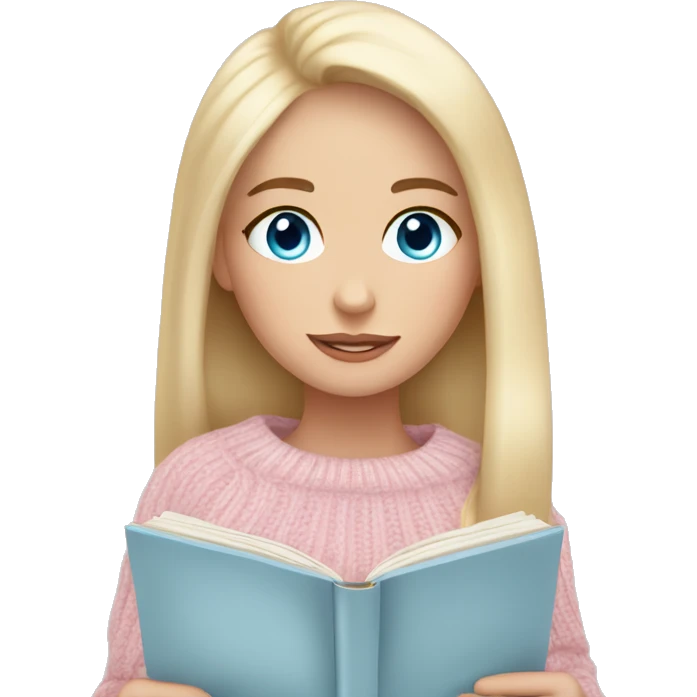 Pretty blue eyed white girl with light pink sweater reading cozy emoji