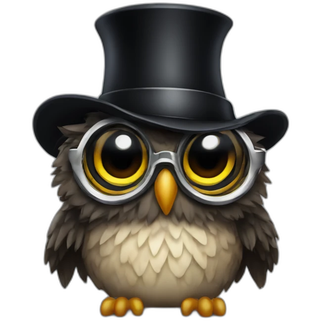 owl with long curly black hair wearing a tophat and sunglasses emoji
