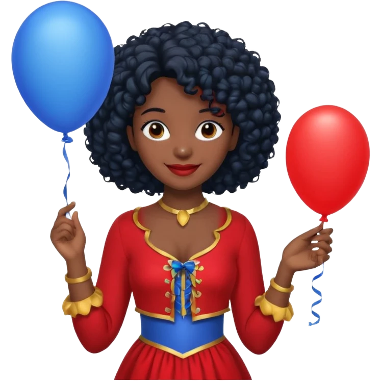 woman with curly black hair and dark face red costume, holding blue balloon emoji