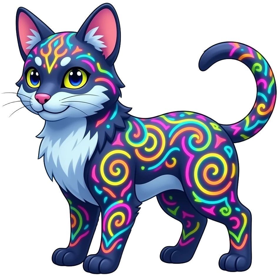 Neon-colored fantasy feline-canid-rodent-marsupial-critter-vernid-fursona animal creature full body with intricate markings emoji