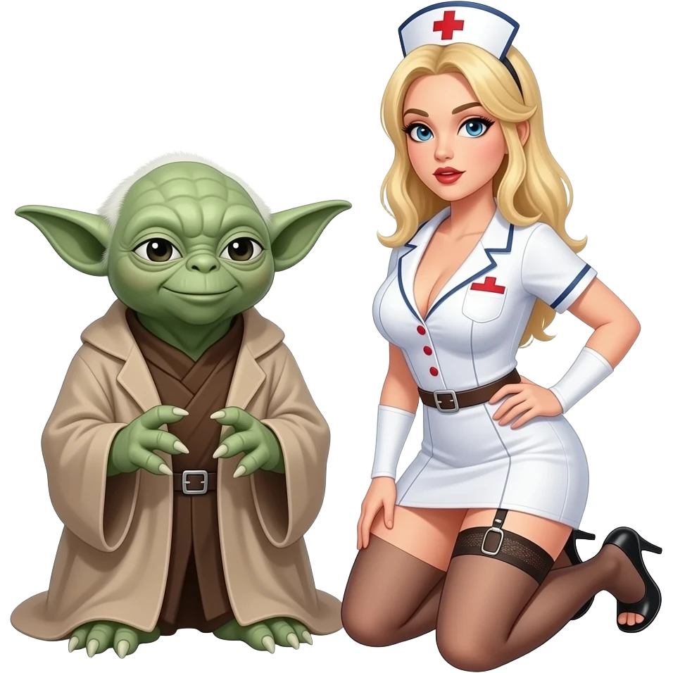 Yoda and a blond female apprentice in high heels ,garter belt  open mouth very very short skirt ,with large breasts kneeling wearing a nurse outfitkneeling emoji