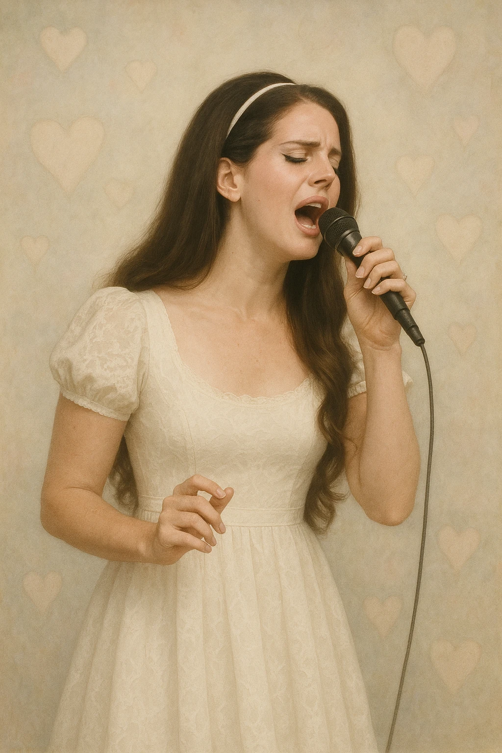 Lana Del Rey in a white dress, mid-performance, singing passionately into a microphone, subtle heart-shaped motifs in the background, ethereal and vintage style, gentle color palette emoji
