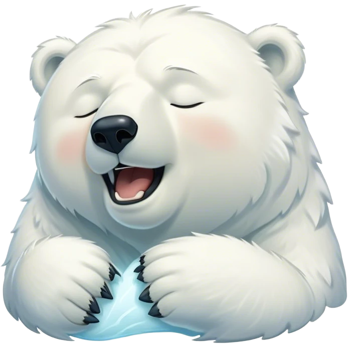 Cinematic Cute Yawning Polar Bear Portrait Emoji, Head tilted slightly with a dramatic, wide-open yawn, showcasing luxuriously thick fur and sleepy, half-closed eyes radiating drowsy contentment, Simplified yet irresistibly adorable features, highly detailed, glowing with a soft, cozy polar light, high shine, relaxed yet expressive, stylized with a dash of whimsical arctic charm, soft glowing outline, capturing the essence of a drowsy yet affectionate guardian that seems ready to stretch out for a nap! emoji