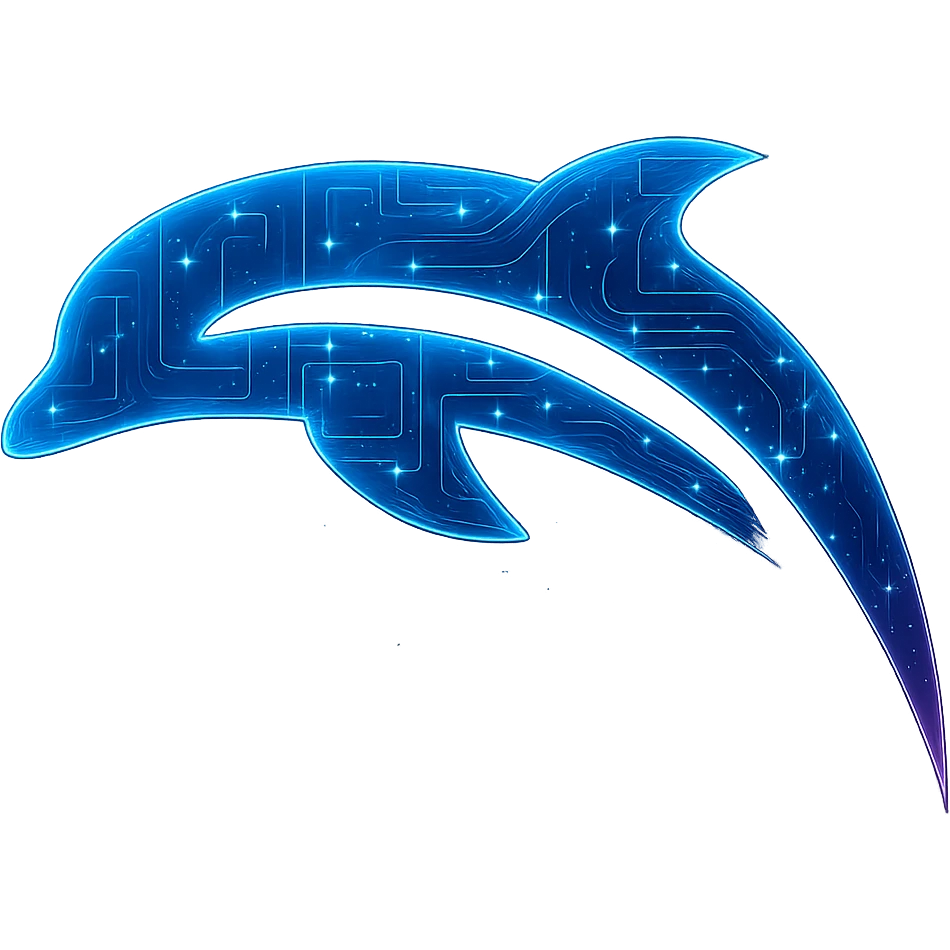 Transform the Dolphin emulator logo into a cyberpunk, holographic style with glowing neon blue and pink edges and intricate circuit patterns throughout the entire logo. Maintain the recognizable dolphin outline but make the logo more solid and filled in, not overly transparent. Overlay neon and circuit effects in a consistent futuristic, clean cyberpunk glow style with intricate circuit details. The background should be transparent. emoji