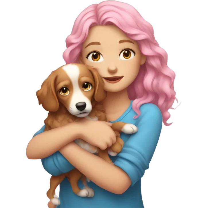 Please create a girl who hugs her pet doggie. The girl has a cute face and so does the doggie. The girl has light skin, blue eyes and pink wavy long hair. emoji