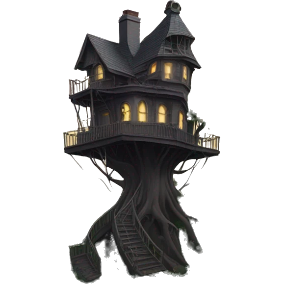 Fantastic haunted Addams tree house in an overgrown hotel on a hill  emoji