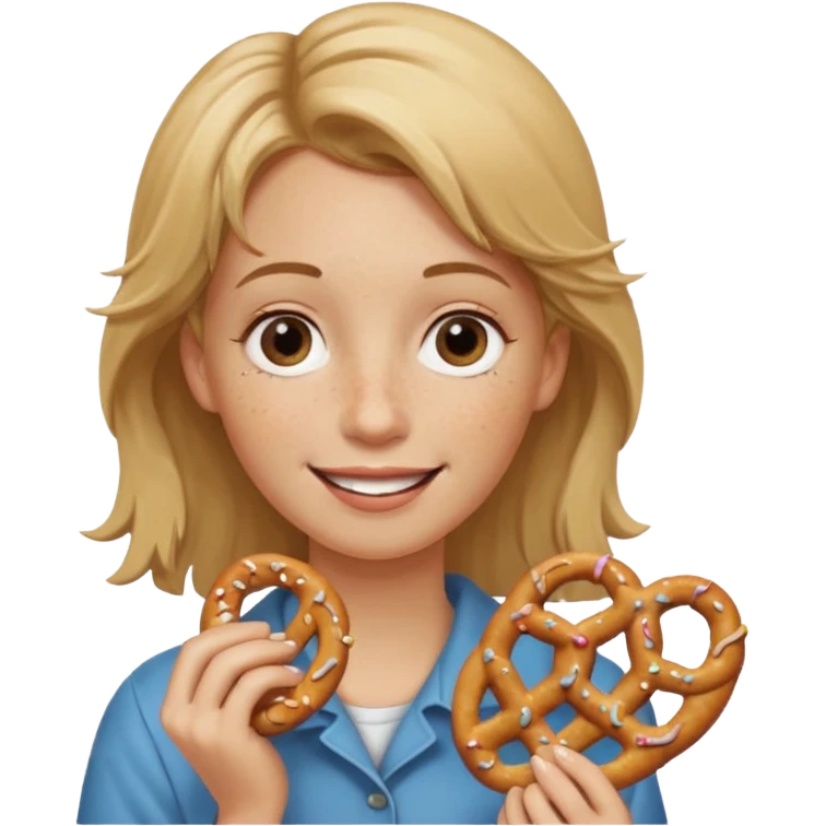 Short, center part, Dirty blond hair, fair skin with freckles,  holding pretzels and closing one eye emoji