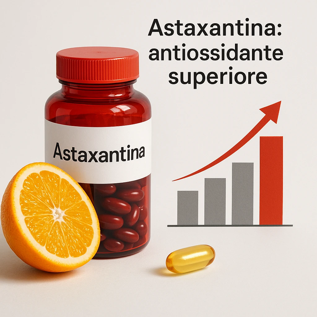 hyper realistic style scientific atmosphere white background, red bottle labeled 'Astaxantina', slice of orange, golden capsule, bar chart showing superiority, Italian text 'Astaxantina: antiossidante superiore' emoji